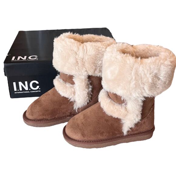 NEW INC Witty Faux Suede Fur BOOTS Little Girls 12 SHOES Chestnut Brown Cream - Picture 3 of 10